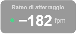 Il riquadro della toccata: Rateo di atterraggio, −182 fpm, con un pallino verde.