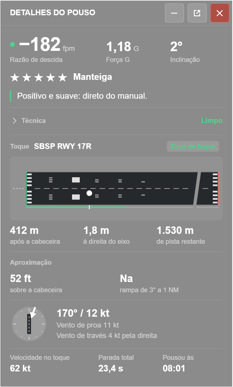 La finestra Dettagli atterraggio in Português.