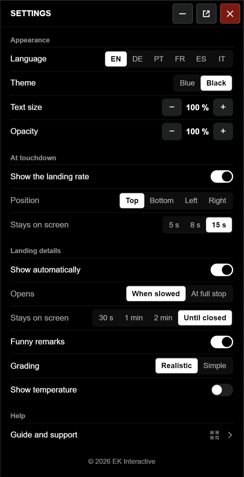 The Settings: language, theme, text size, opacity, the touchdown box, the landing details and help.